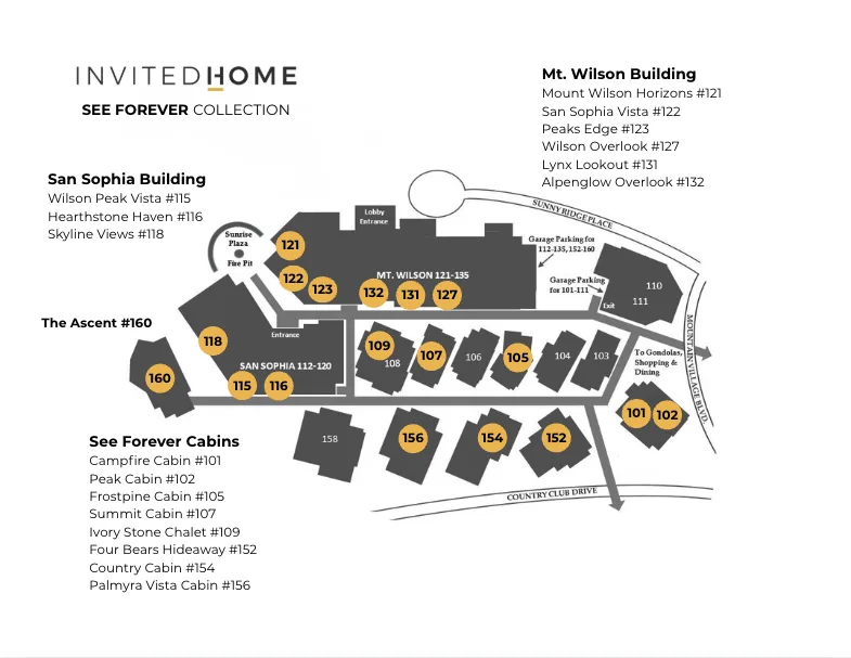 A printed resort map shows labeled buildings, cabin areas, and roads.