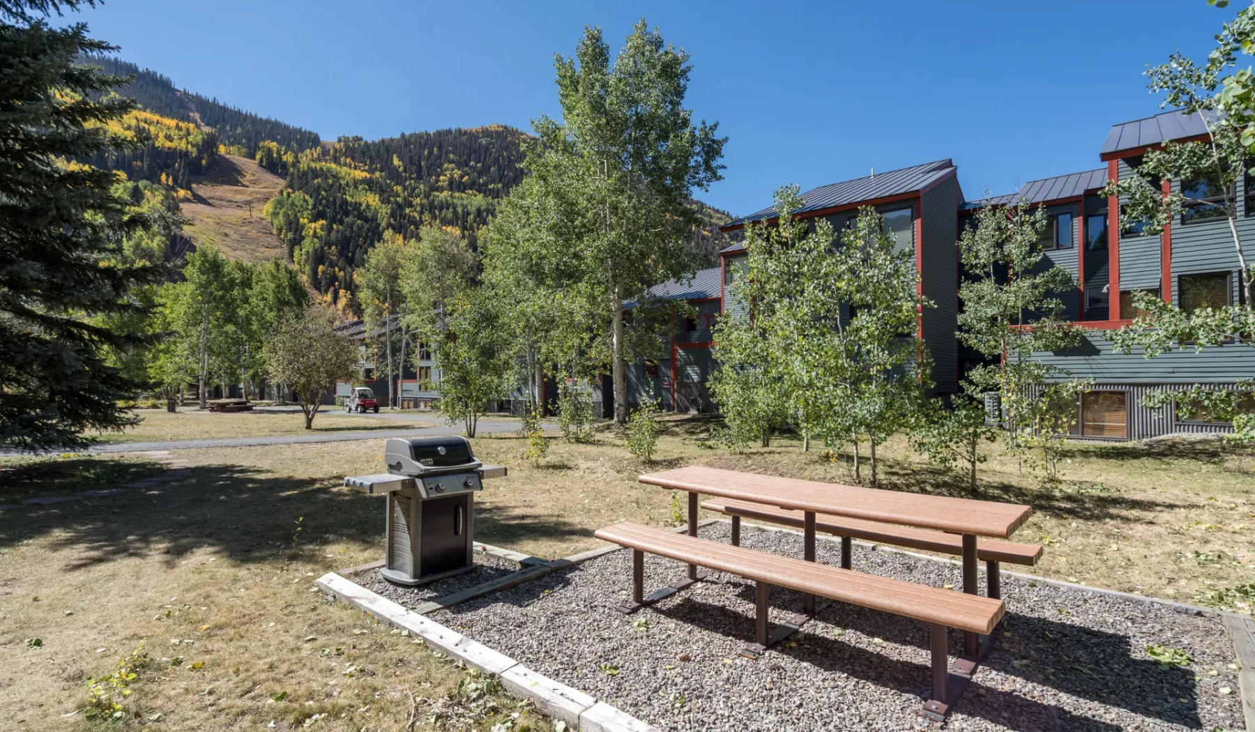 Una zona de picnic al aire libre con una mesa de madera y una parrilla junto a un edificio.