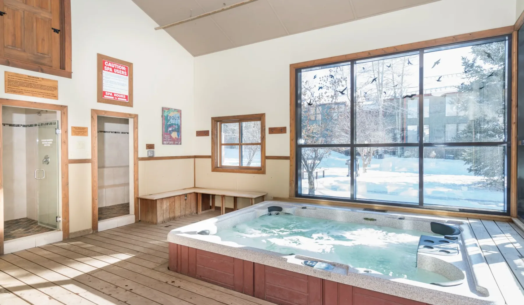 Una bañera de hidromasaje interior está junto a grandes ventanas con vistas a un paisaje nevado.