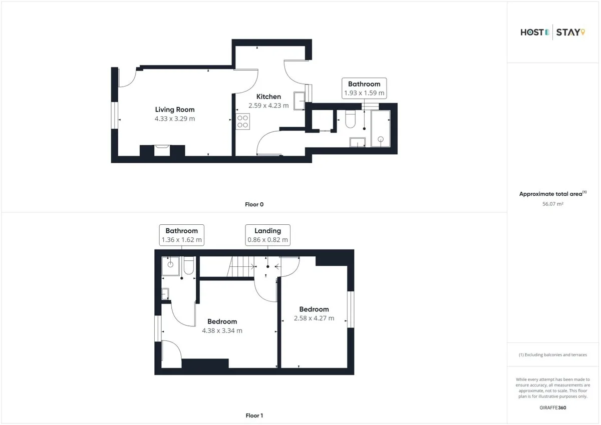 A two-level floor plan labels the living room, kitchen, bathrooms, and bedrooms.