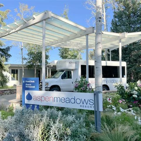 Resort shuttle outside the welcome center
