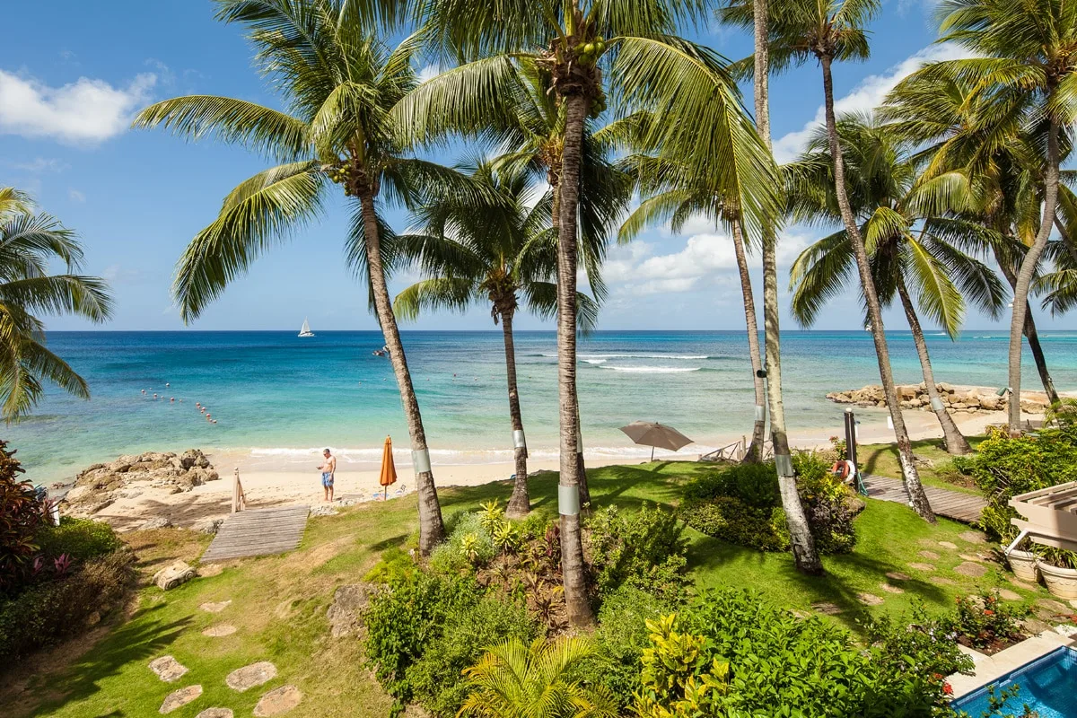 A tropical beach and turquoise ocean are visible beyond palm trees and green landscaping.
