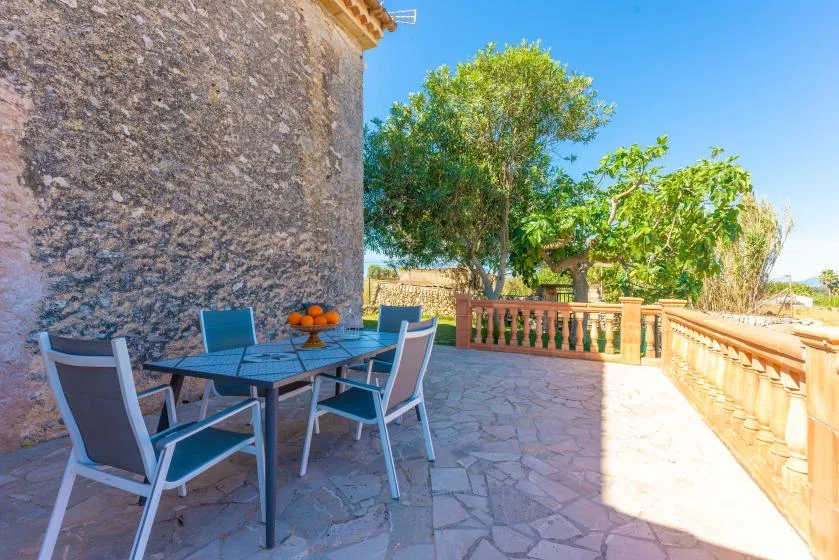 A paved outdoor patio with a dining table and leafy trees beyond the balustrade.