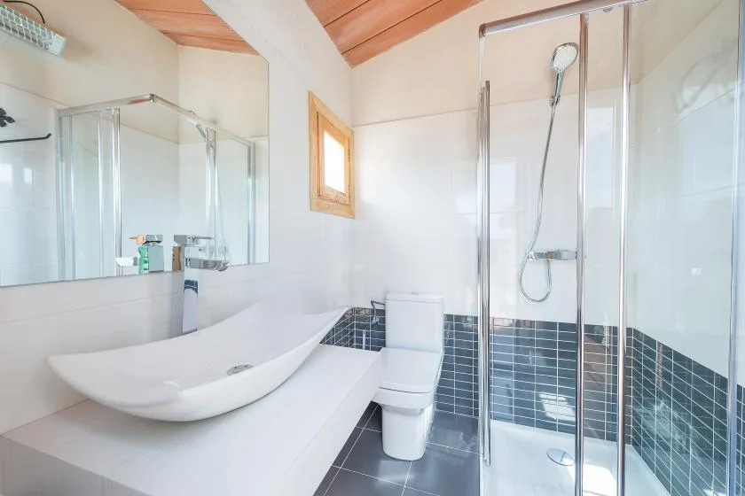 A bright bathroom with a broad sink, toilet, and glass shower.