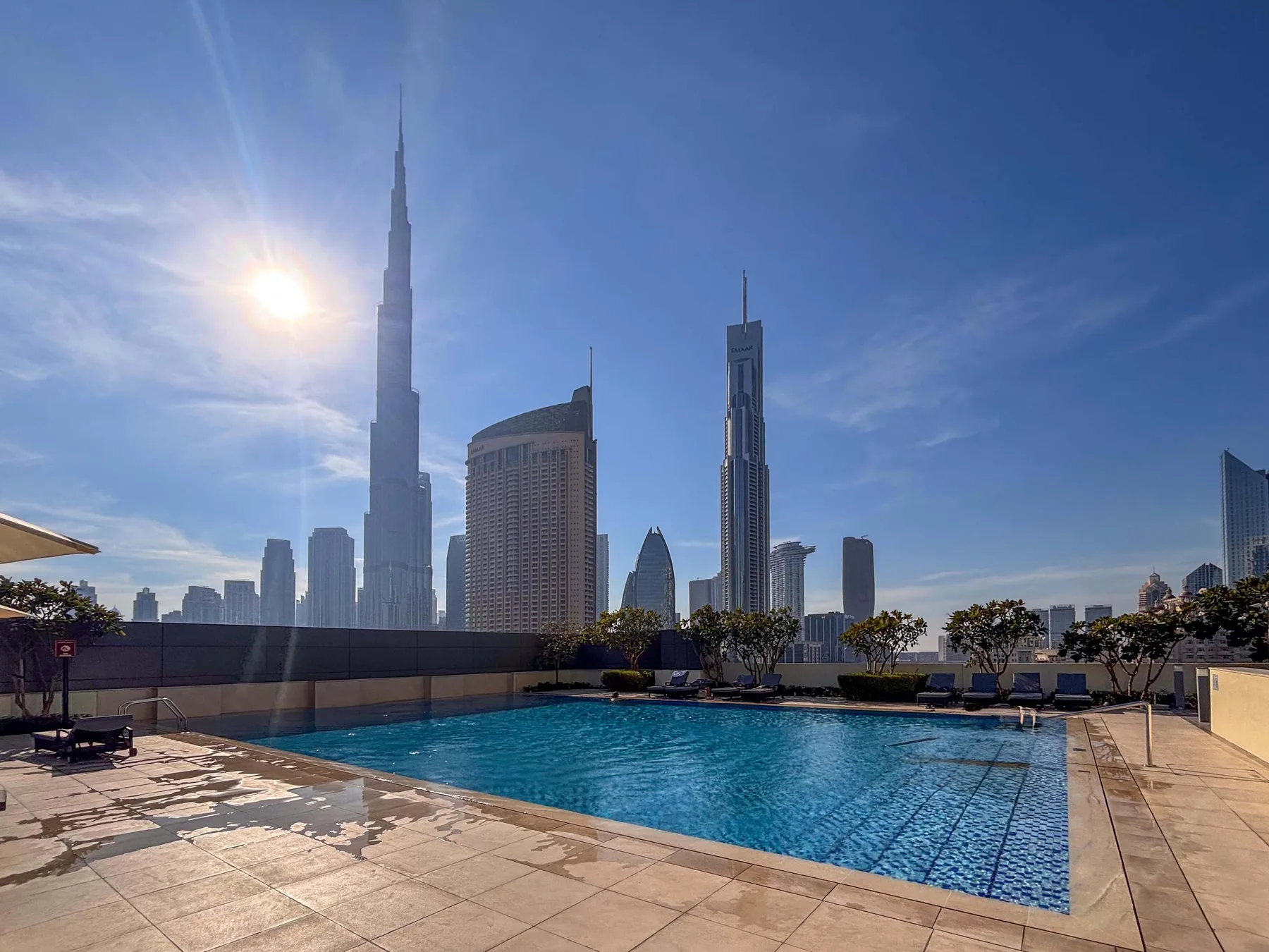 A rooftop swimming pool overlooks a city skyline in bright sunlight.