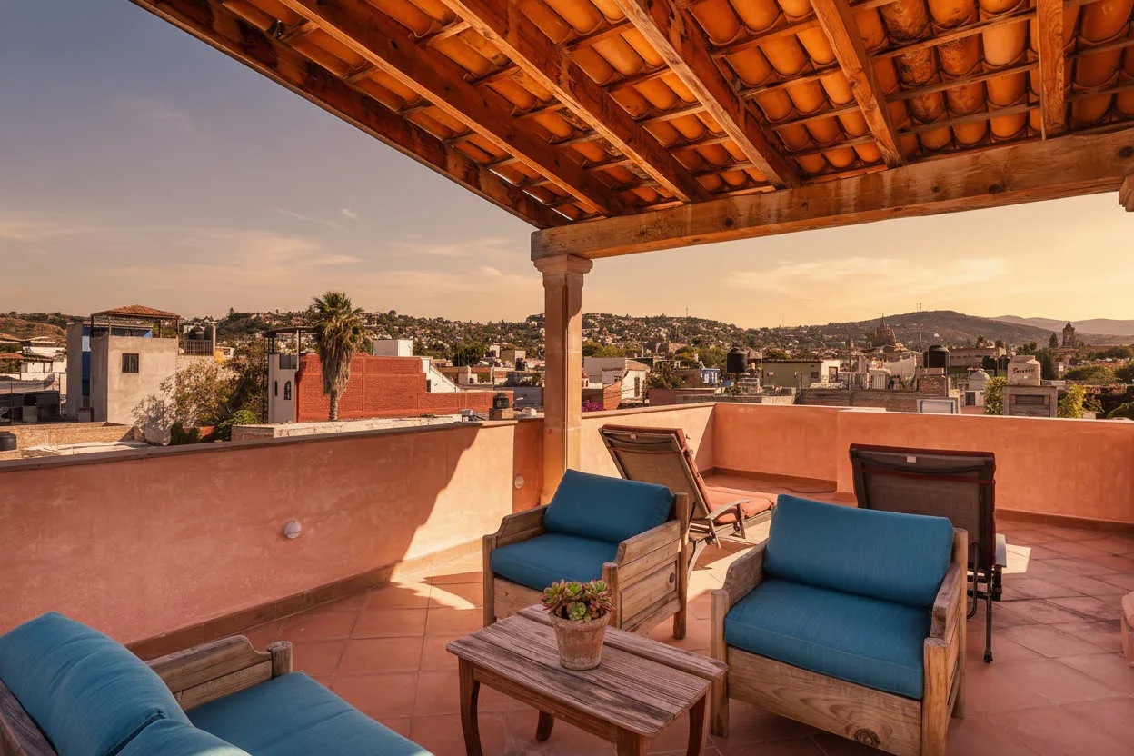 A rooftop terrace with blue-cushioned seating and views across the surrounding neighborhood.