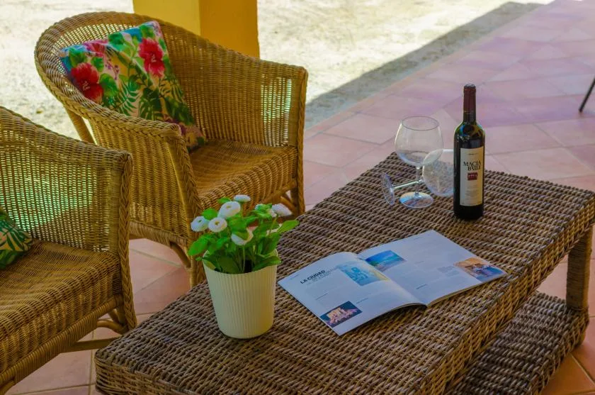 A wicker patio seating area with a flower arrangement and an open book on the table.