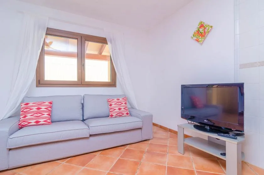 A living room with a sofa beneath a window and a television nearby.