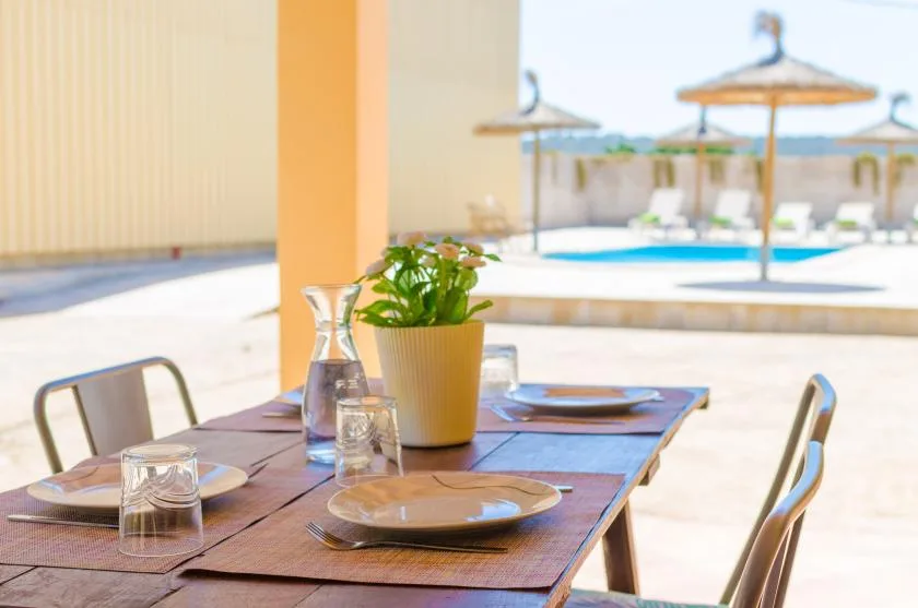 A dining table set with plates and a potted plant sits beside an outdoor pool.