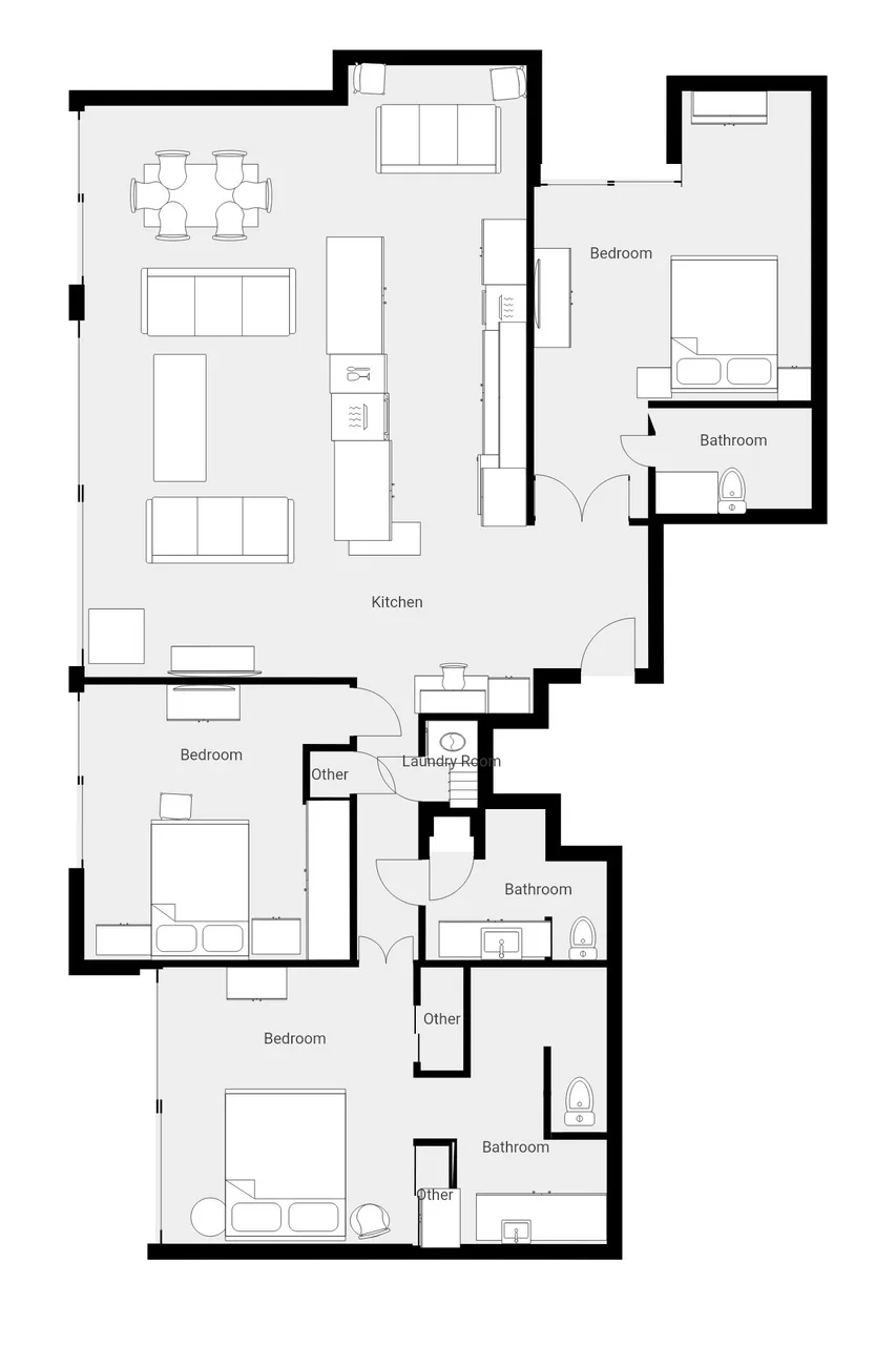 Un plano muestra una cocina, una sala de estar y varios dormitorios y baños.