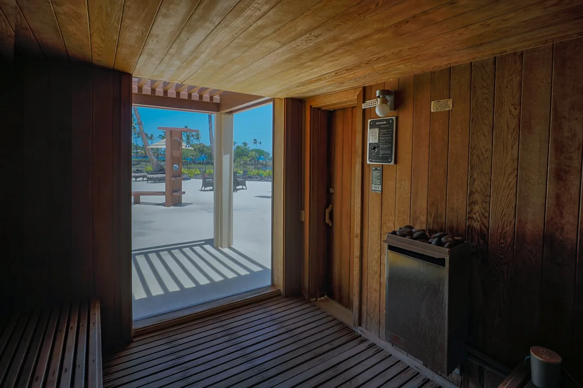 Una sauna revestida de madera se abre a un patio soleado.