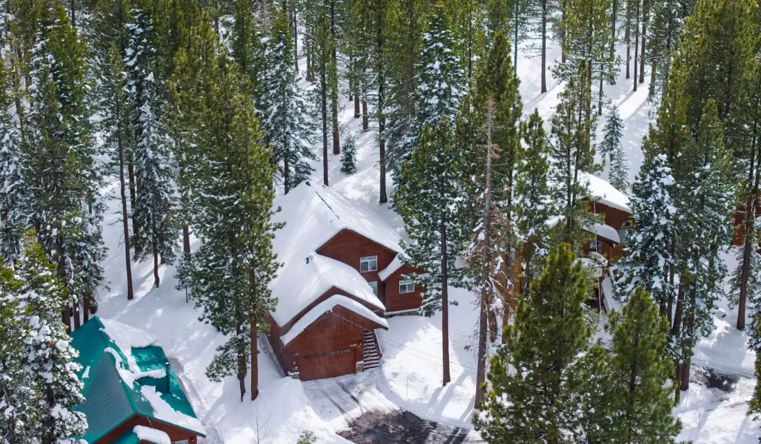 Vista aérea de cabañas entre árboles de hoja perenne cubiertos de nieve.