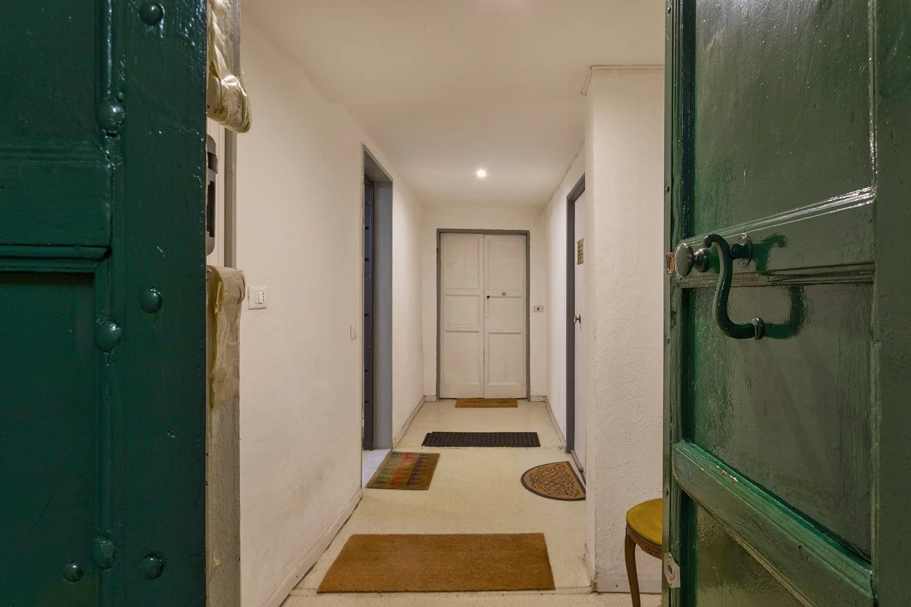 Un pasillo con una puerta blanca al fondo y alfombras en el suelo.