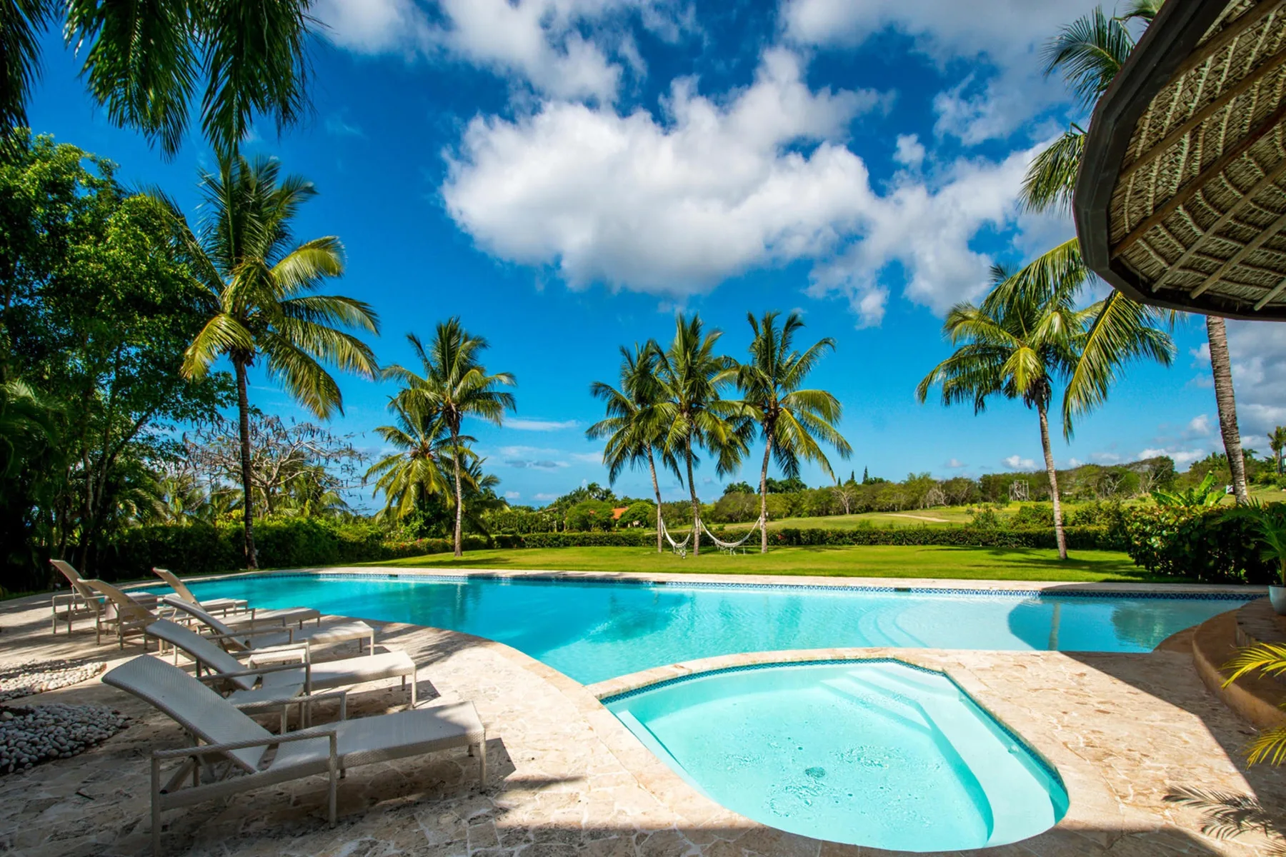 Una piscina tropical al aire libre con palmeras y tumbonas.