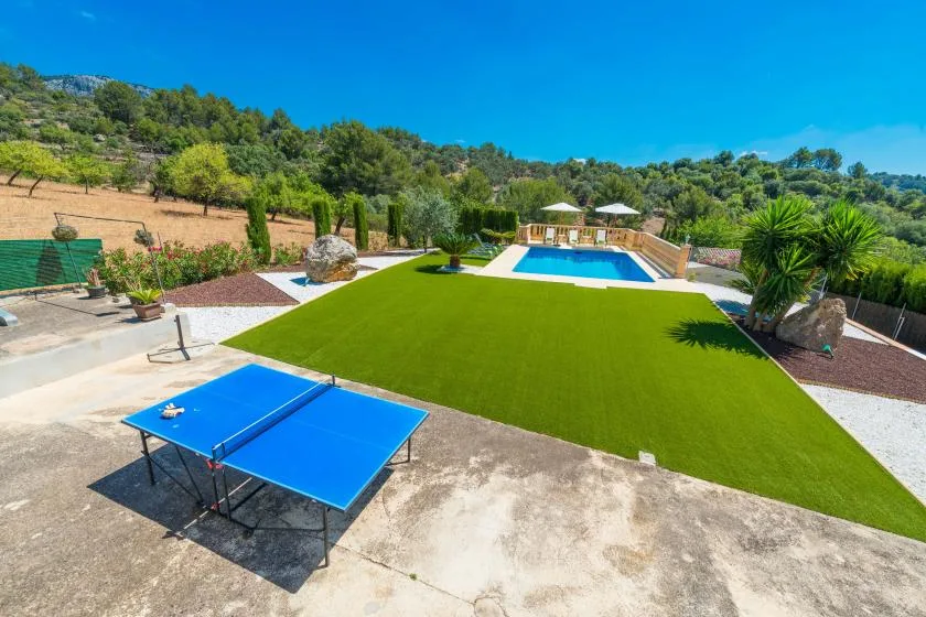 An outdoor recreation area has a blue ping-pong table beside a large green lawn.