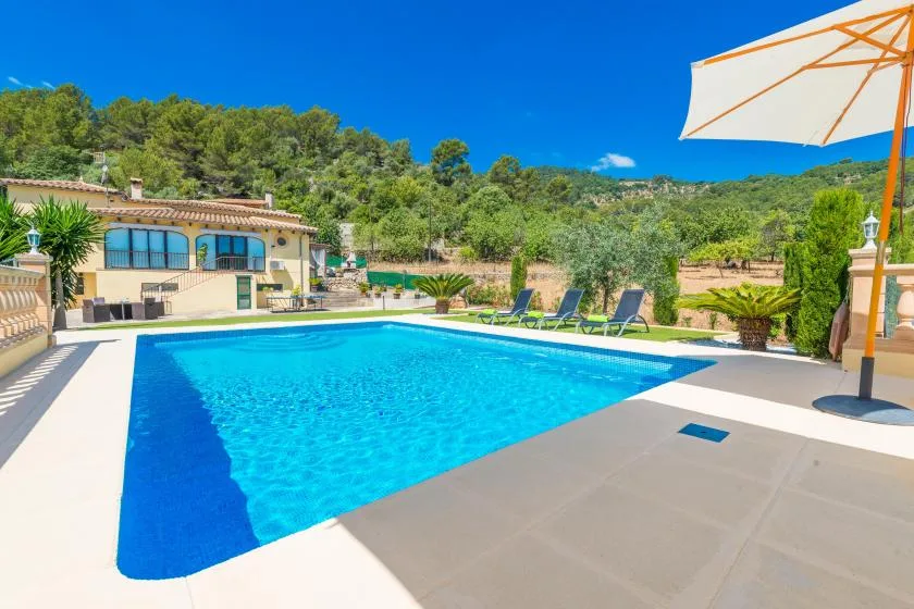 An outdoor swimming pool beside a house, with lounge seating and a large umbrella.