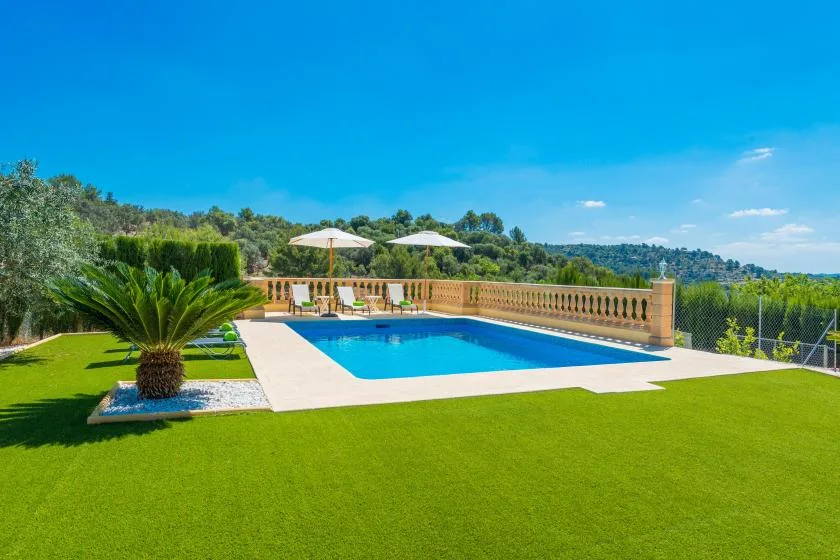 An outdoor swimming pool sits beside a lawn, with umbrellas and trees beyond.
