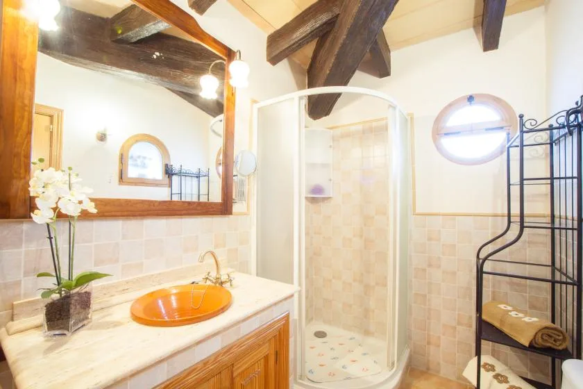 A bathroom with a curved glass shower and an orange sink basin.