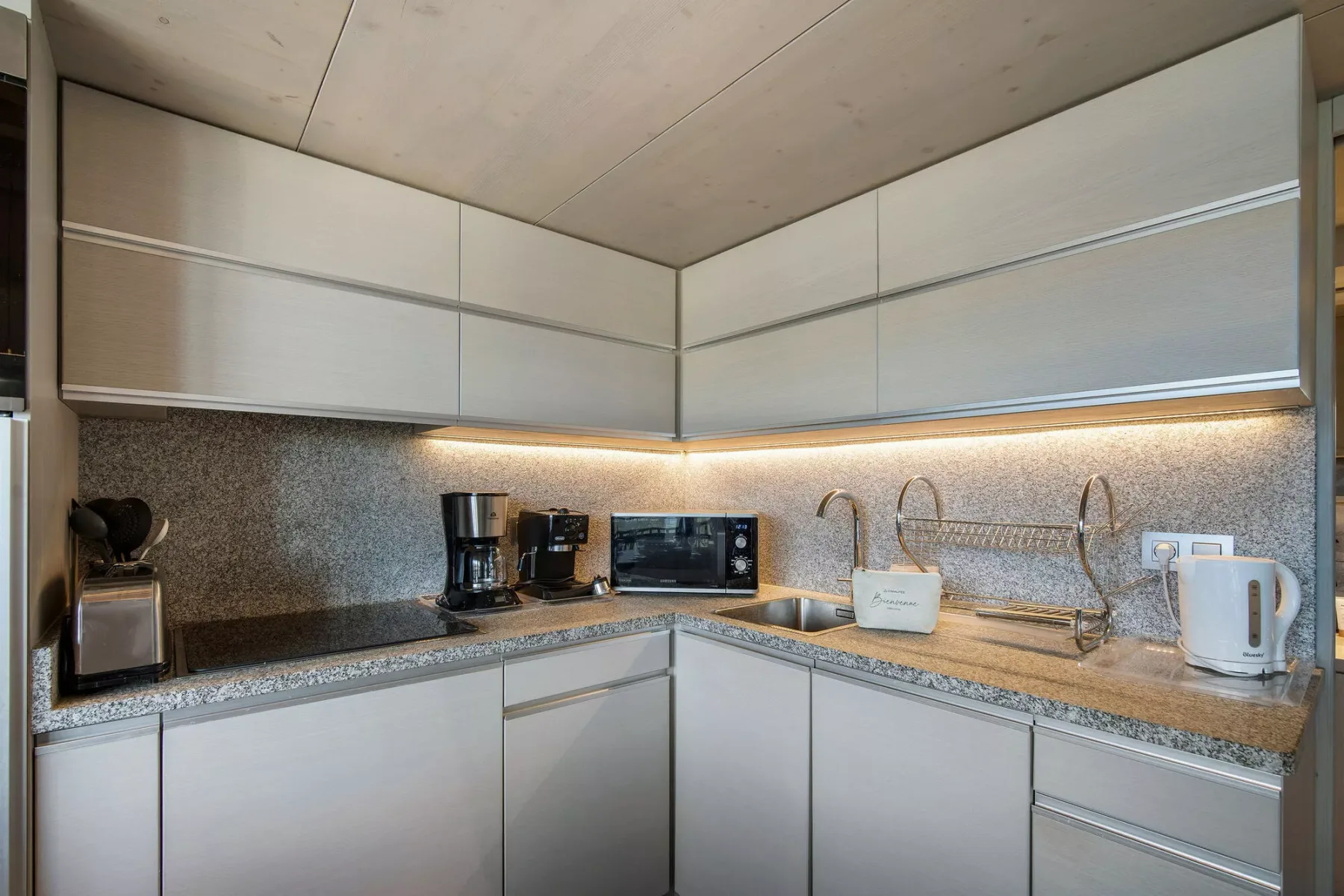 A compact modern kitchen with pale cabinets and a countertop.
