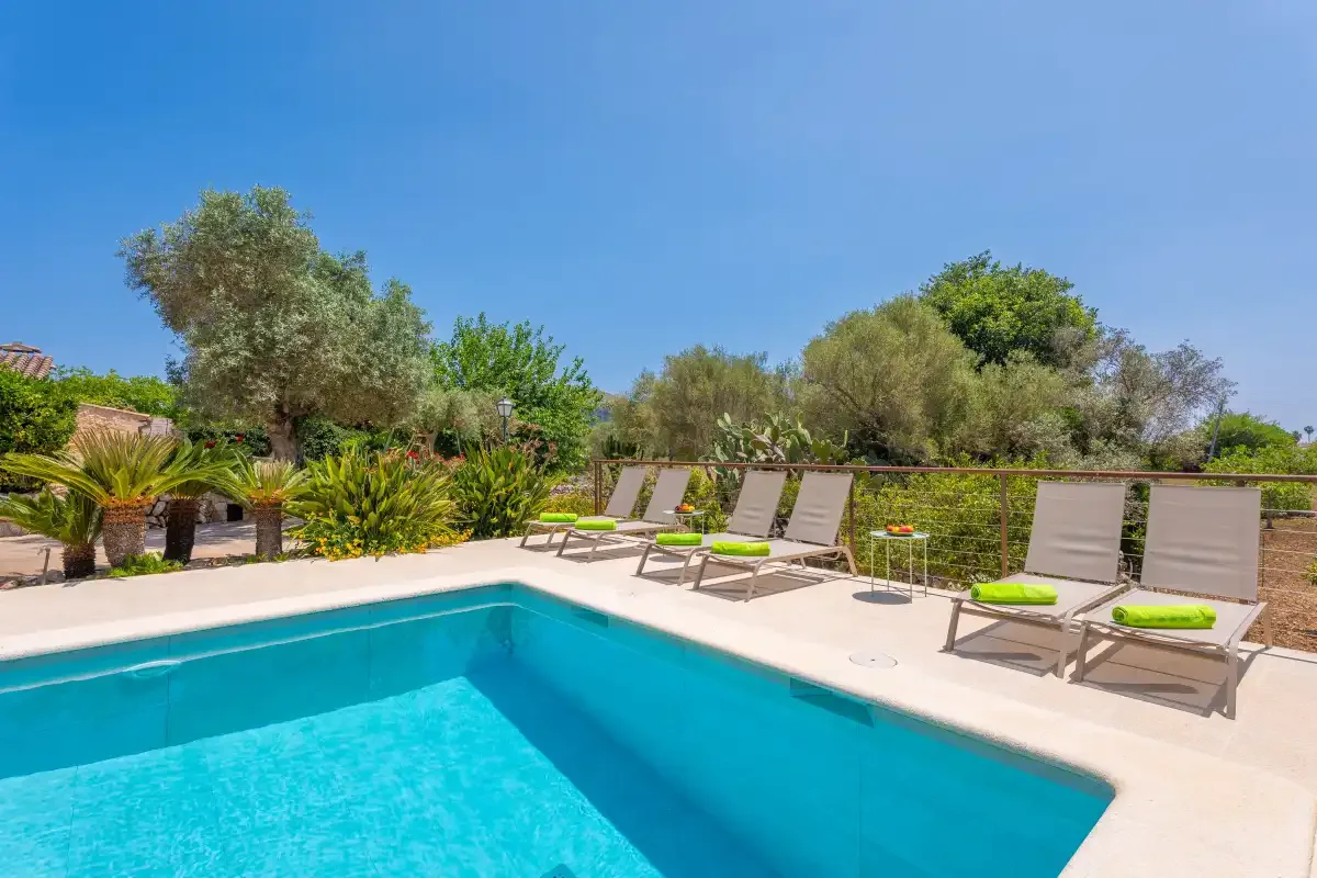 An outdoor swimming pool with lounge seating and greenery in the background.