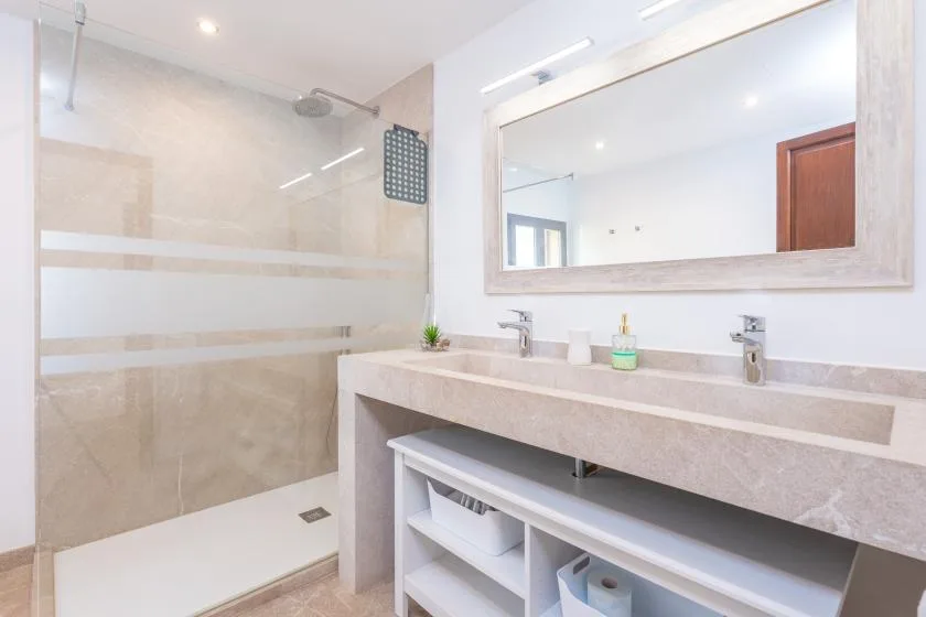 A bright bathroom with a wide vanity, large mirror, and walk-in shower.