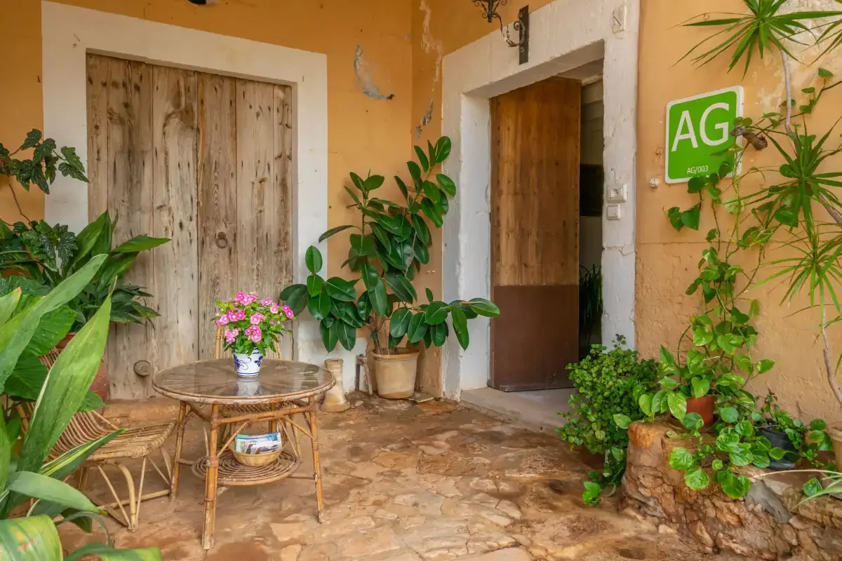 A courtyard entrance with wooden doors and potted plants.