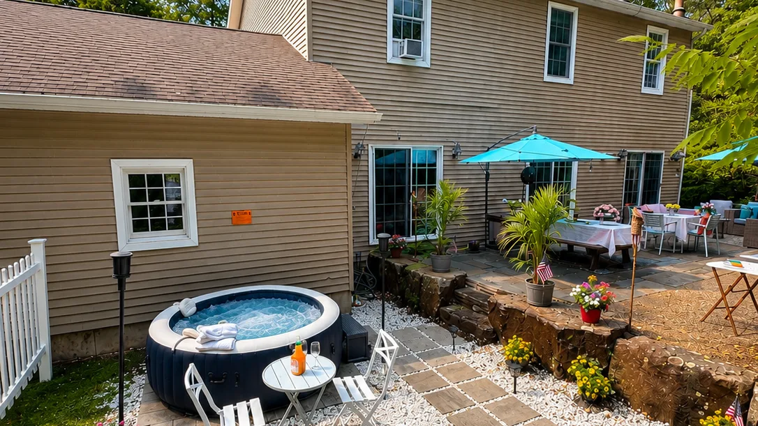 A backyard patio with a hot tub, outdoor seating, and potted plants.