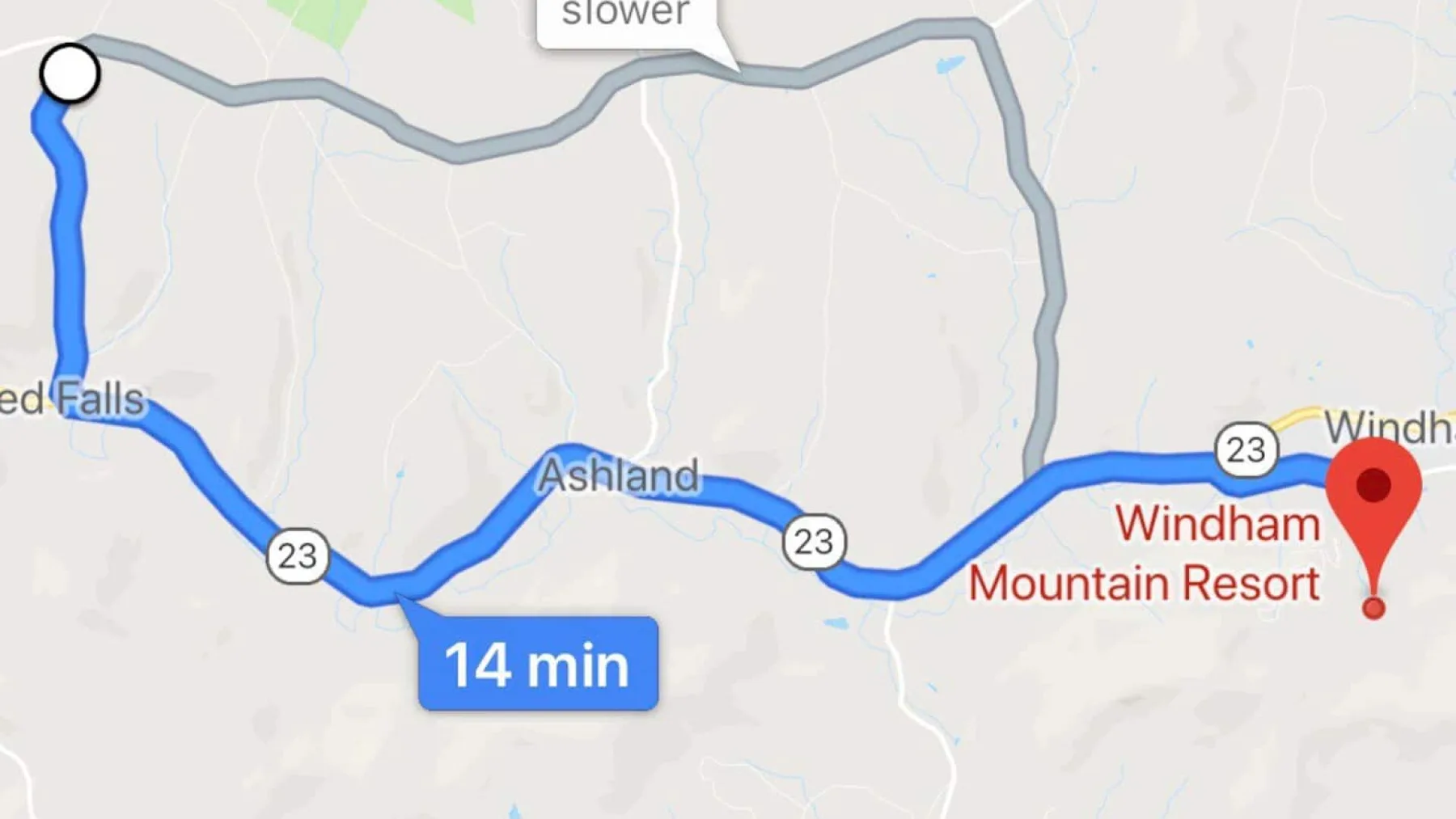 A map shows a blue route leading to a red pin near Windham Mountain Resort.