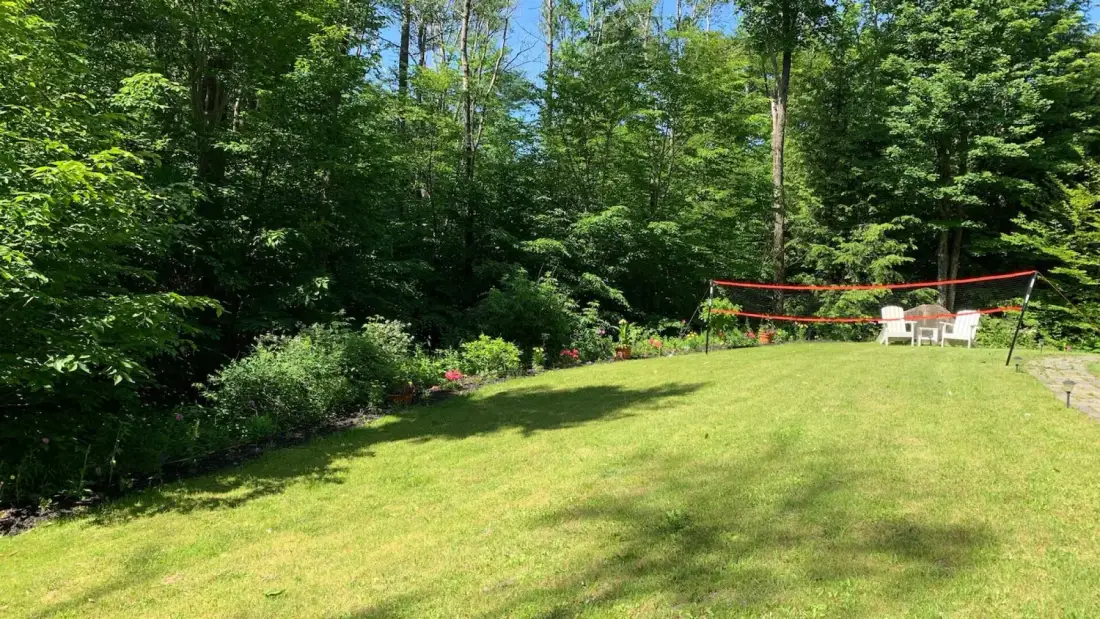 A grassy backyard bordered by trees, with a volleyball net near the far end.
