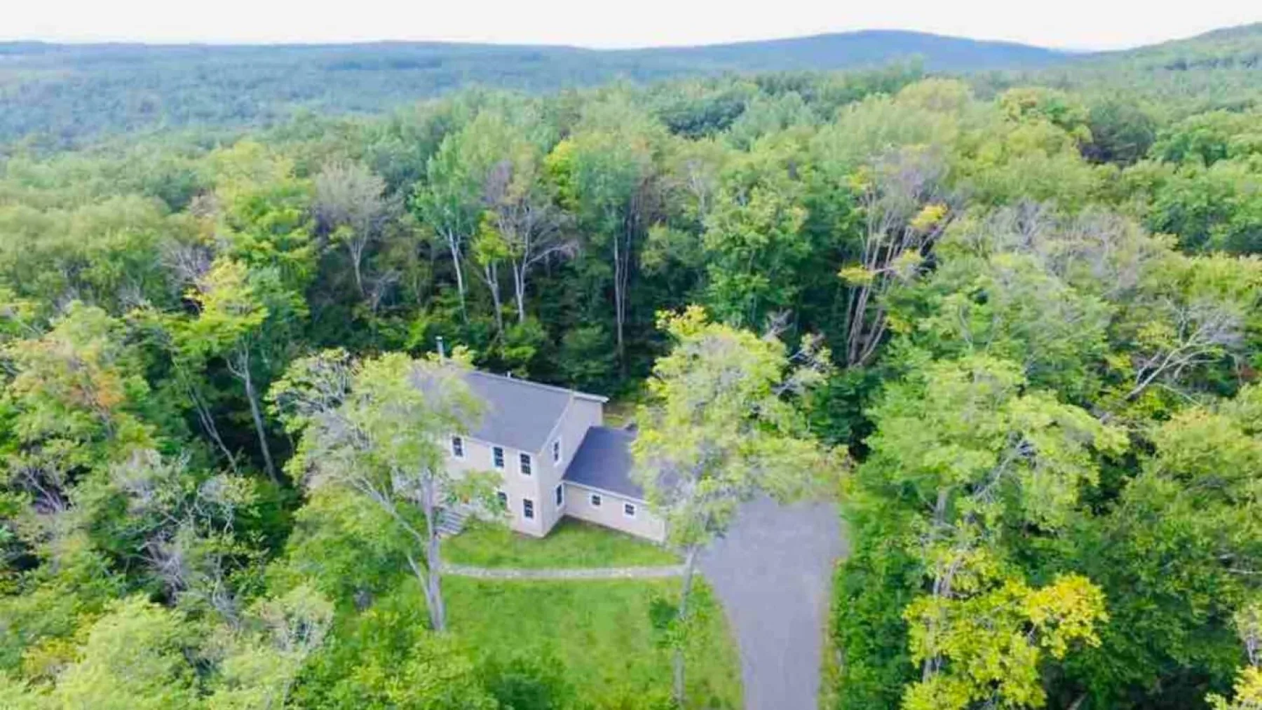 A house sits amid dense woodland, with a driveway leading to it.