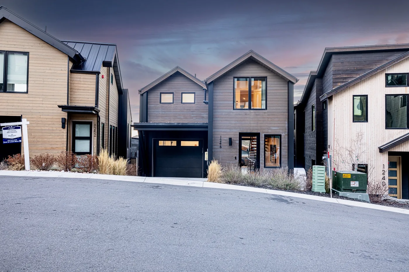 A row of modern houses lines a paved street beneath a cloudy evening sky.