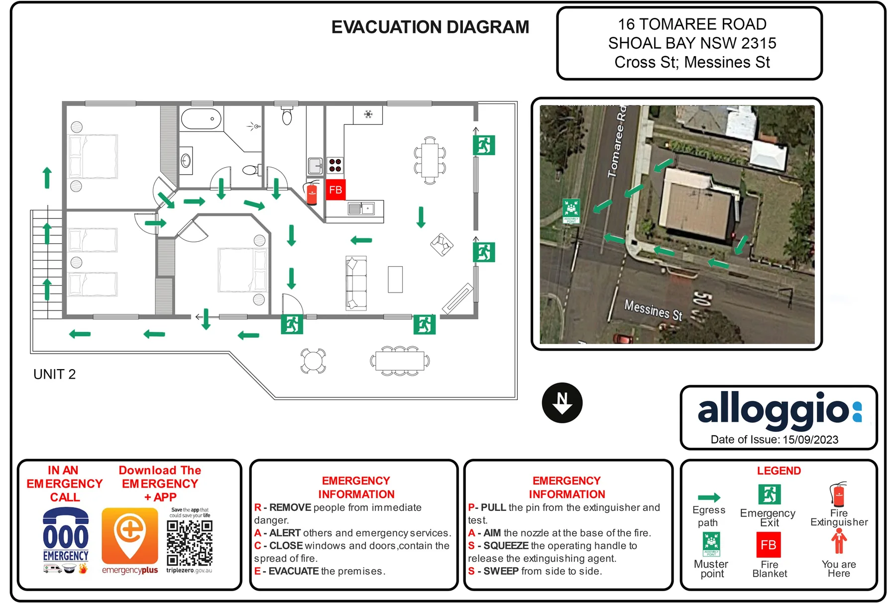 Un diagrama de evacuación muestra un plano junto a una vista aérea del edificio.