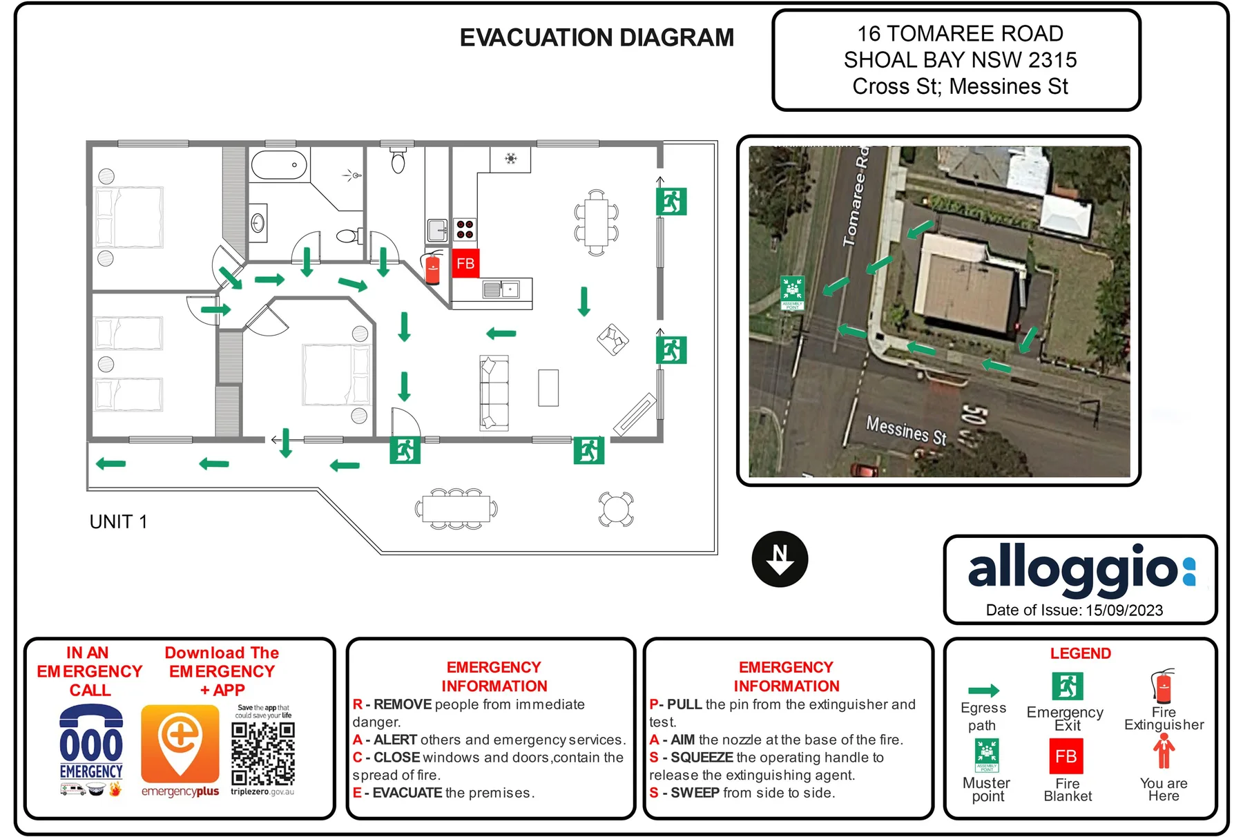 Un diagrama de evacuación muestra un plano junto a una vista aérea de la propiedad.
