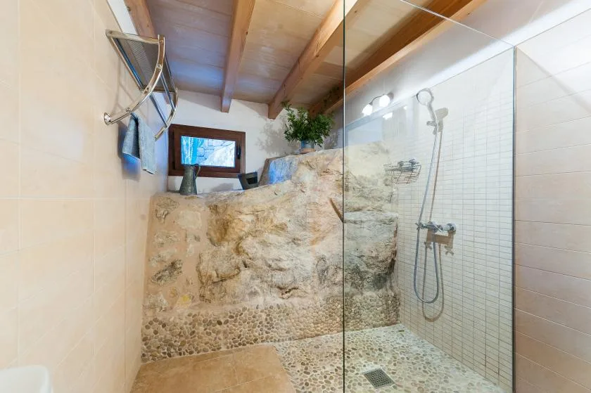 A tiled shower area with a glass partition and stone walls beneath a wooden ceiling.