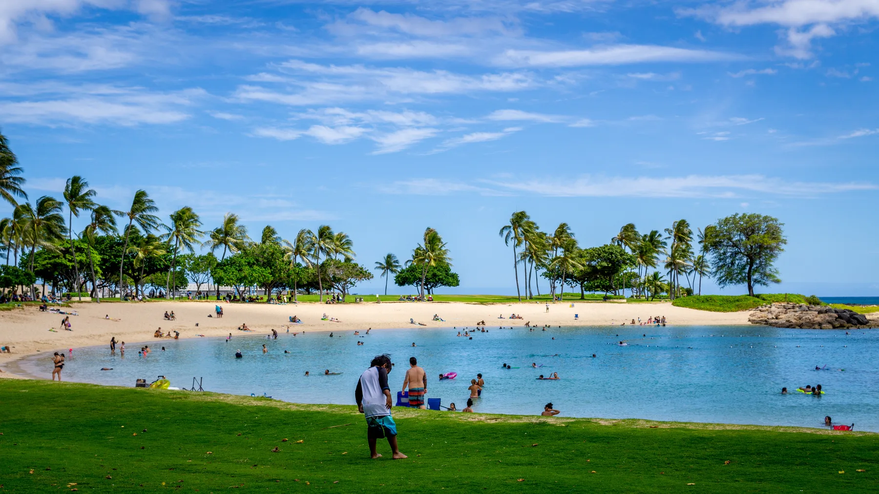 Una playa tropical con palmeras y personas nadando en el agua.