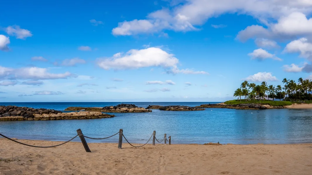 Una playa de arena bordea aguas azules tranquilas, con palmeras en la orilla distante.