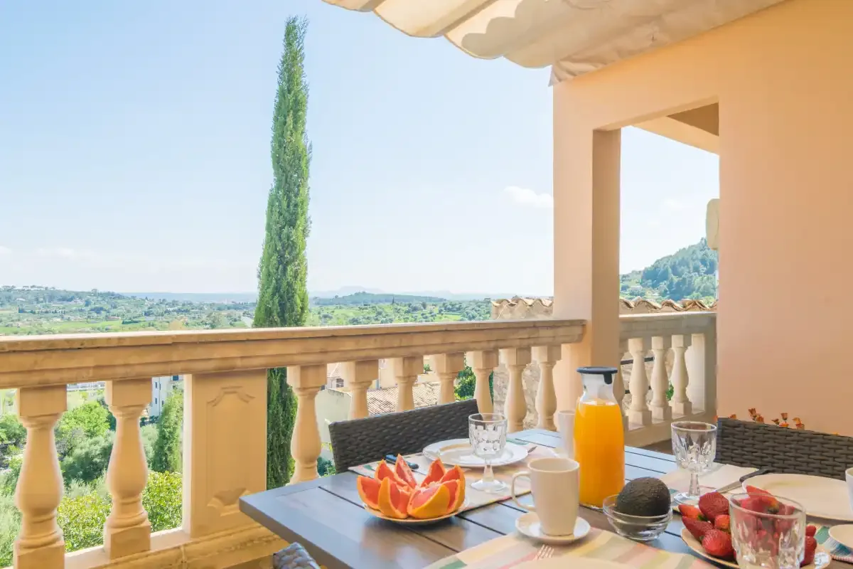 Una terraza cubierta con una mesa de comedor da a un paisaje verde.
