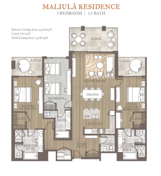 A floor plan shows bedrooms, bathrooms, and a central living and dining area.