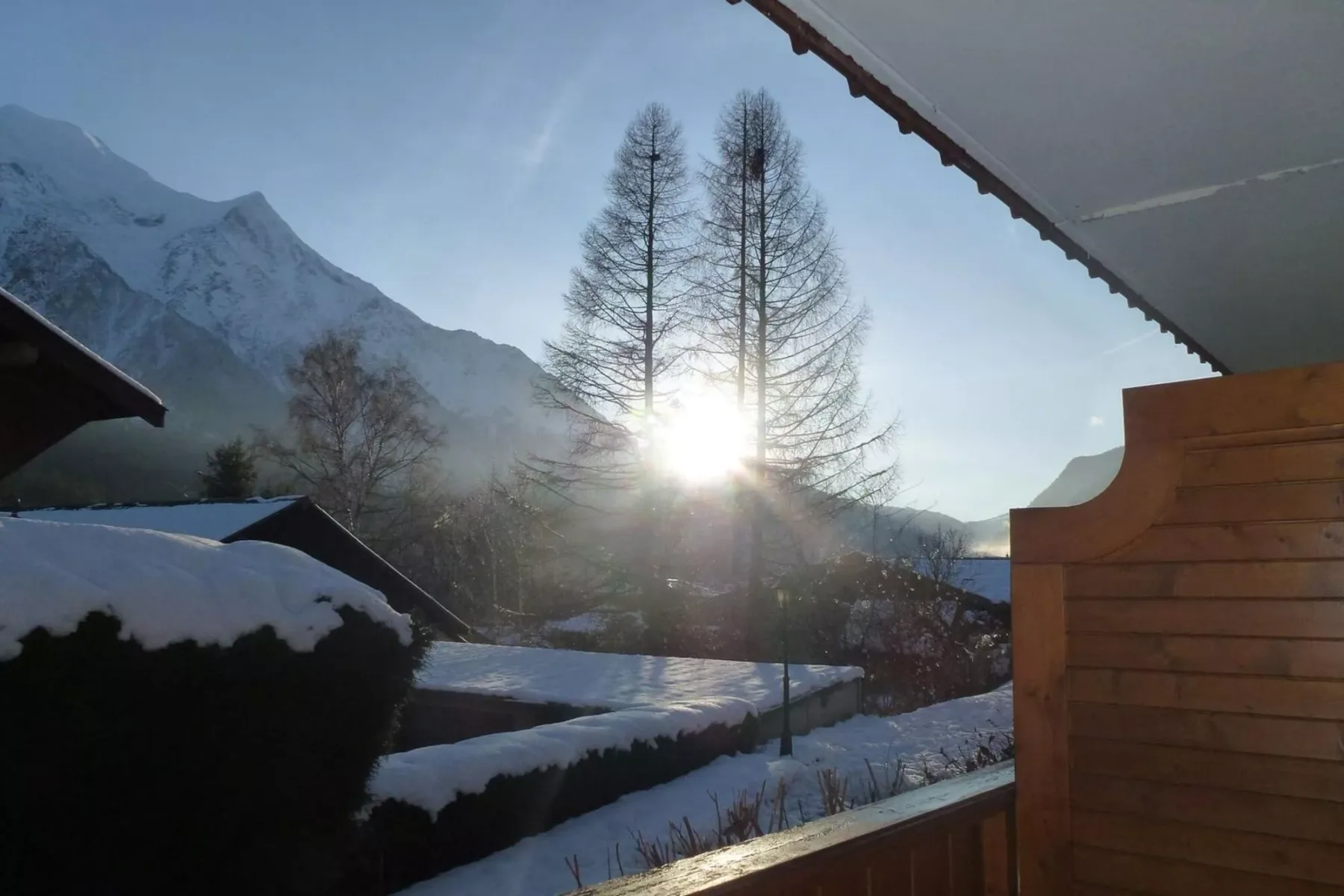 Snow-covered mountain scenery with bare trees silhouetted against the low sun.
