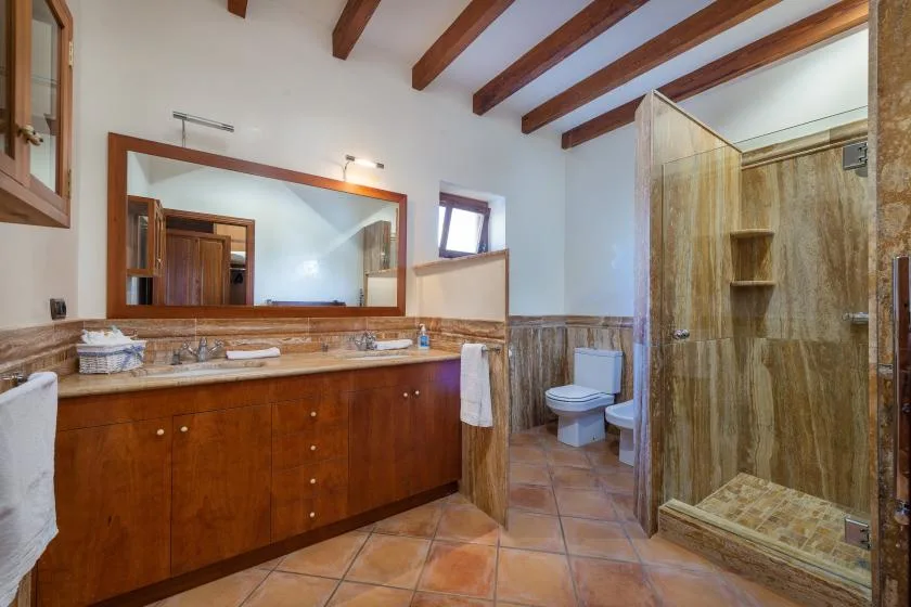 Un baño con un largo mueble de madera, espejo, inodoro y ducha de vidrio.