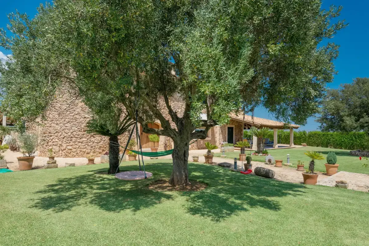 Un jardín con césped, árboles grandes, plantas en macetas y un edificio de piedra.