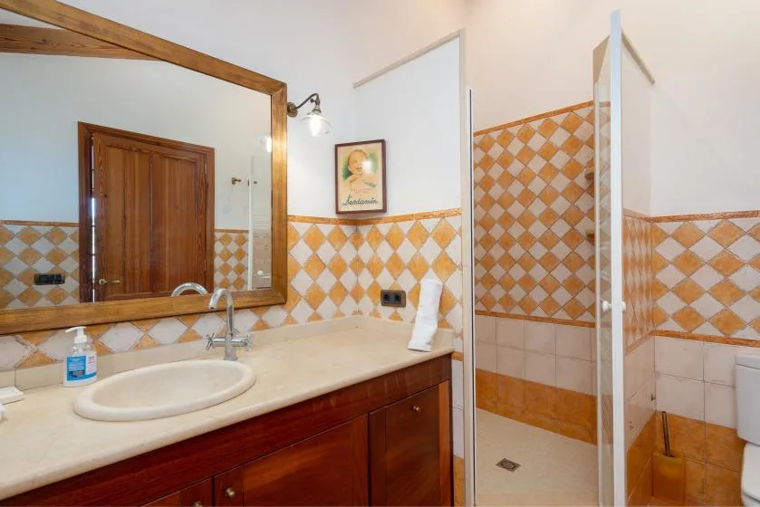 Un lavabo de baño con espejo junto a una ducha con azulejos.