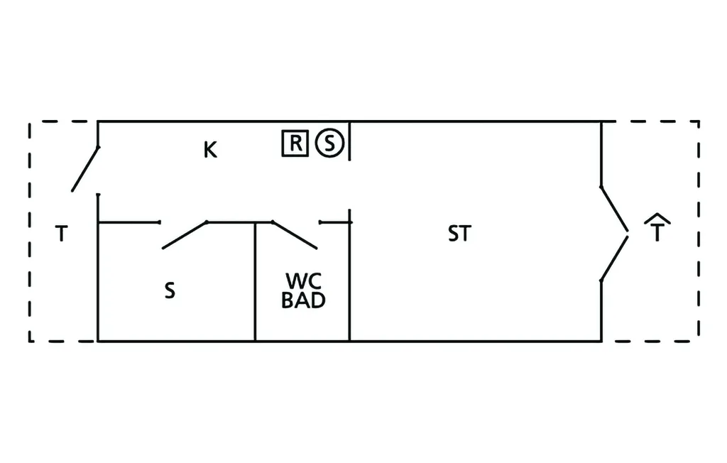 A simple floor plan labels the kitchen, bathroom, and storage areas.