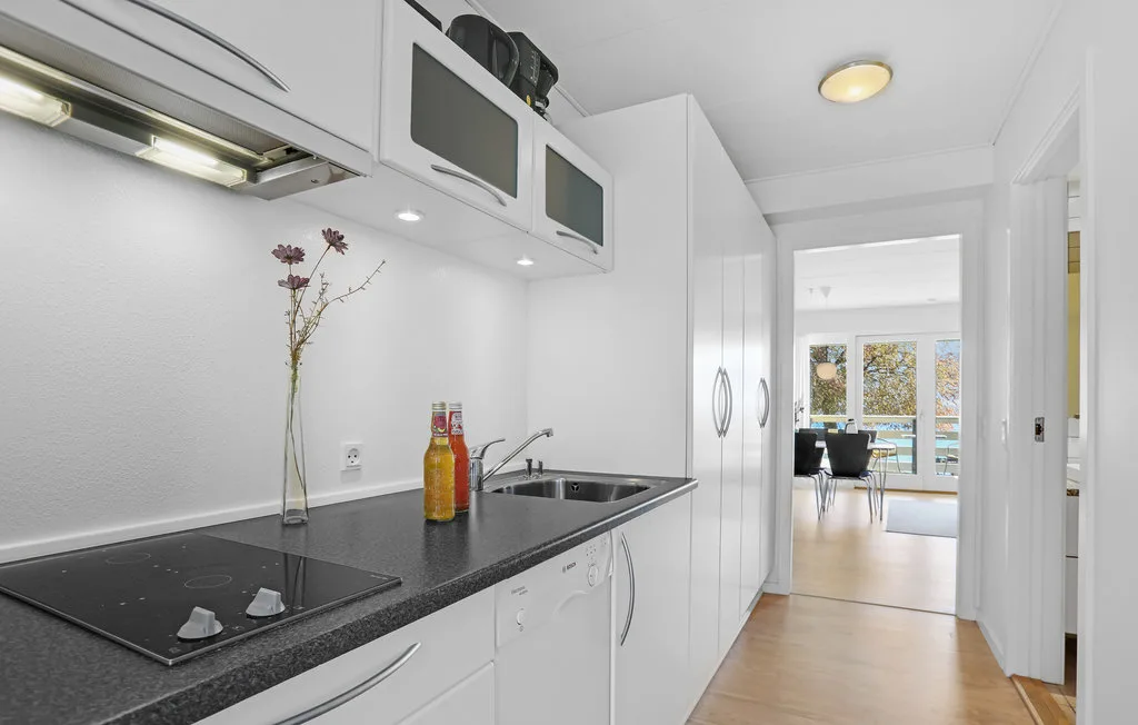 A bright white kitchen with a dark countertop and a view into the dining area.