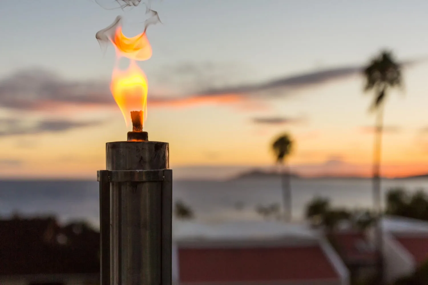 Una antorcha encendida está en primer plano frente a una puesta de sol sobre el agua.