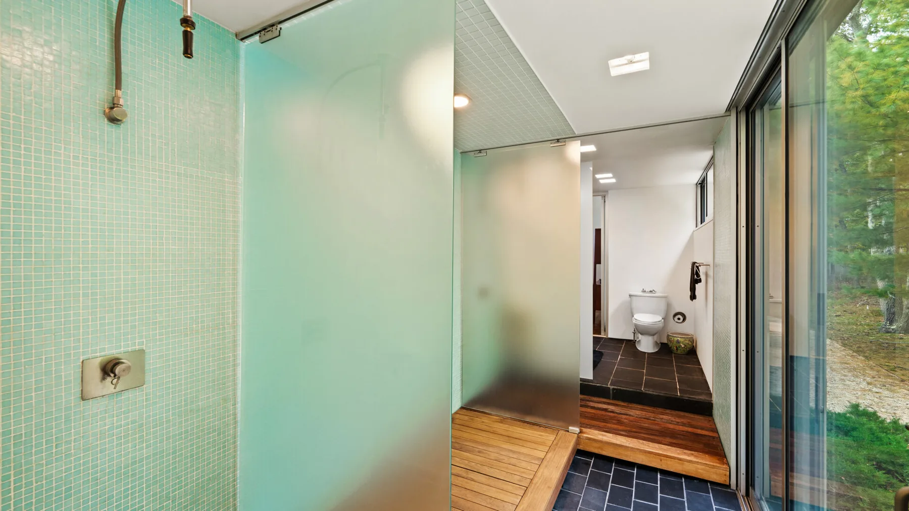 A bathroom with a tiled shower area and a toilet visible beyond.
