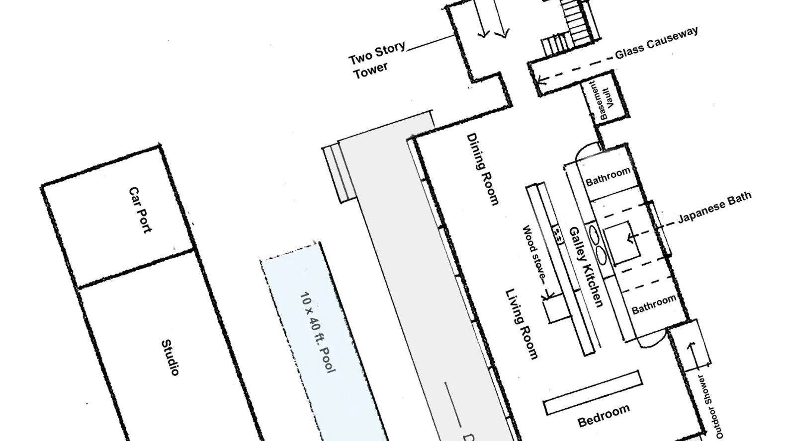 A floor plan shows a living room, dining room, kitchen, and adjacent pool.