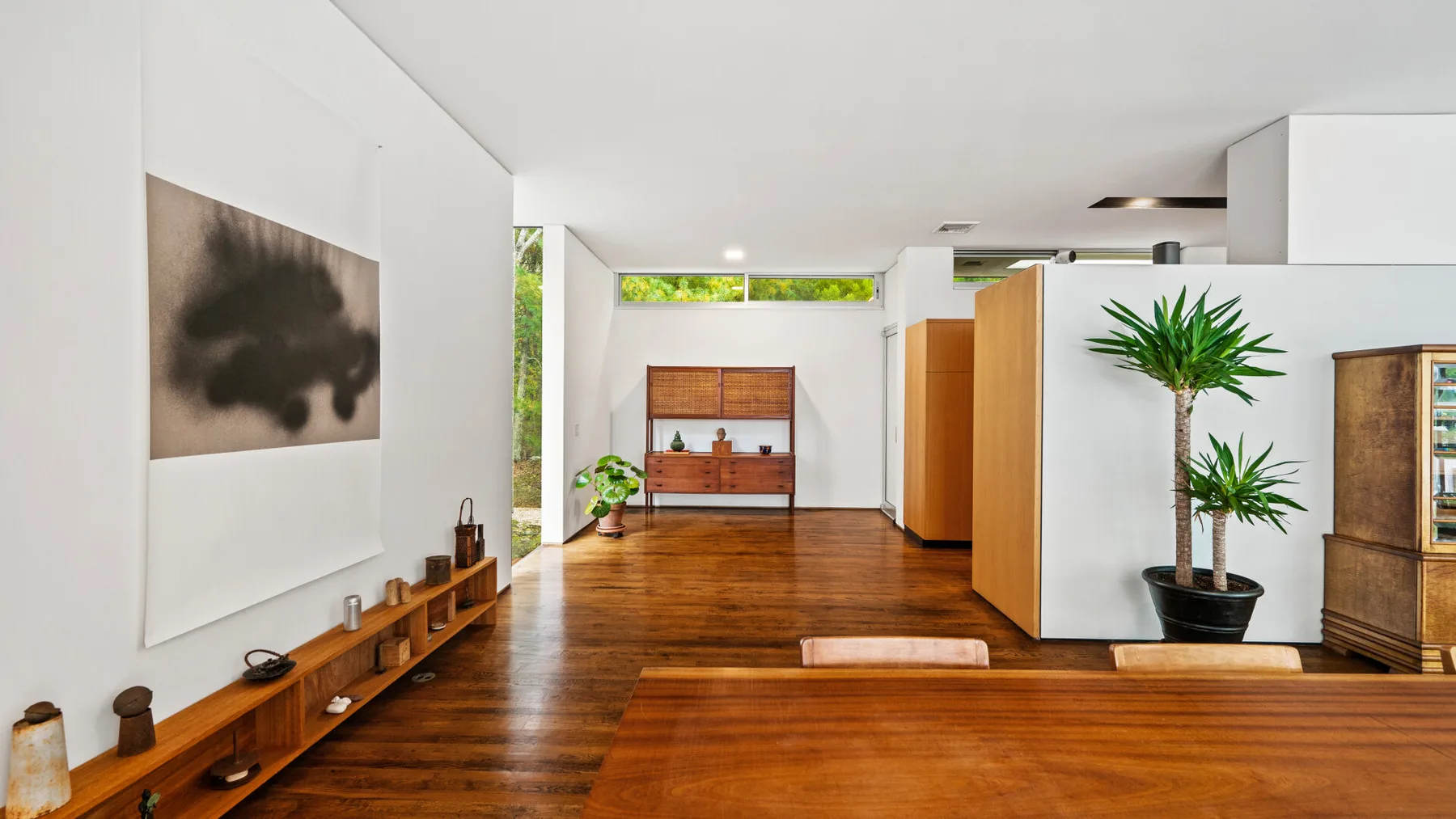 A bright living area with wooden flooring, low shelving, and potted plants.