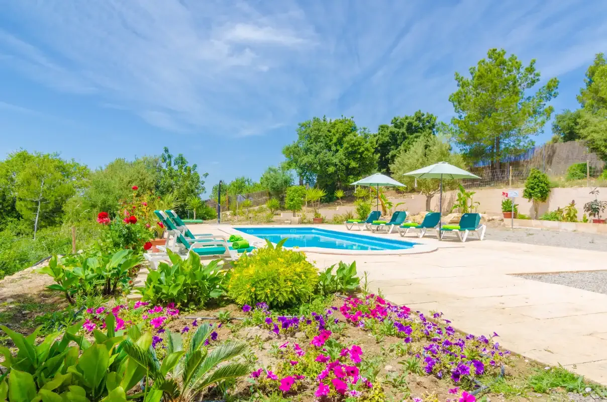 An outdoor swimming pool beside landscaped flower beds and lounge seating.