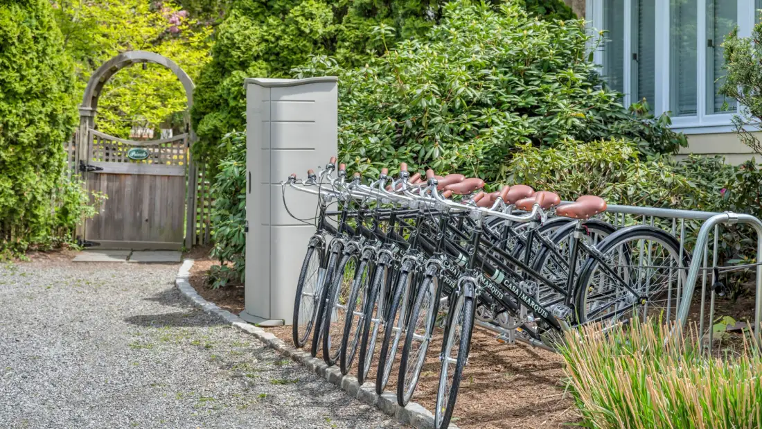 Una fila de bicicletas está junto a un sendero de grava y un jardín frondoso.
